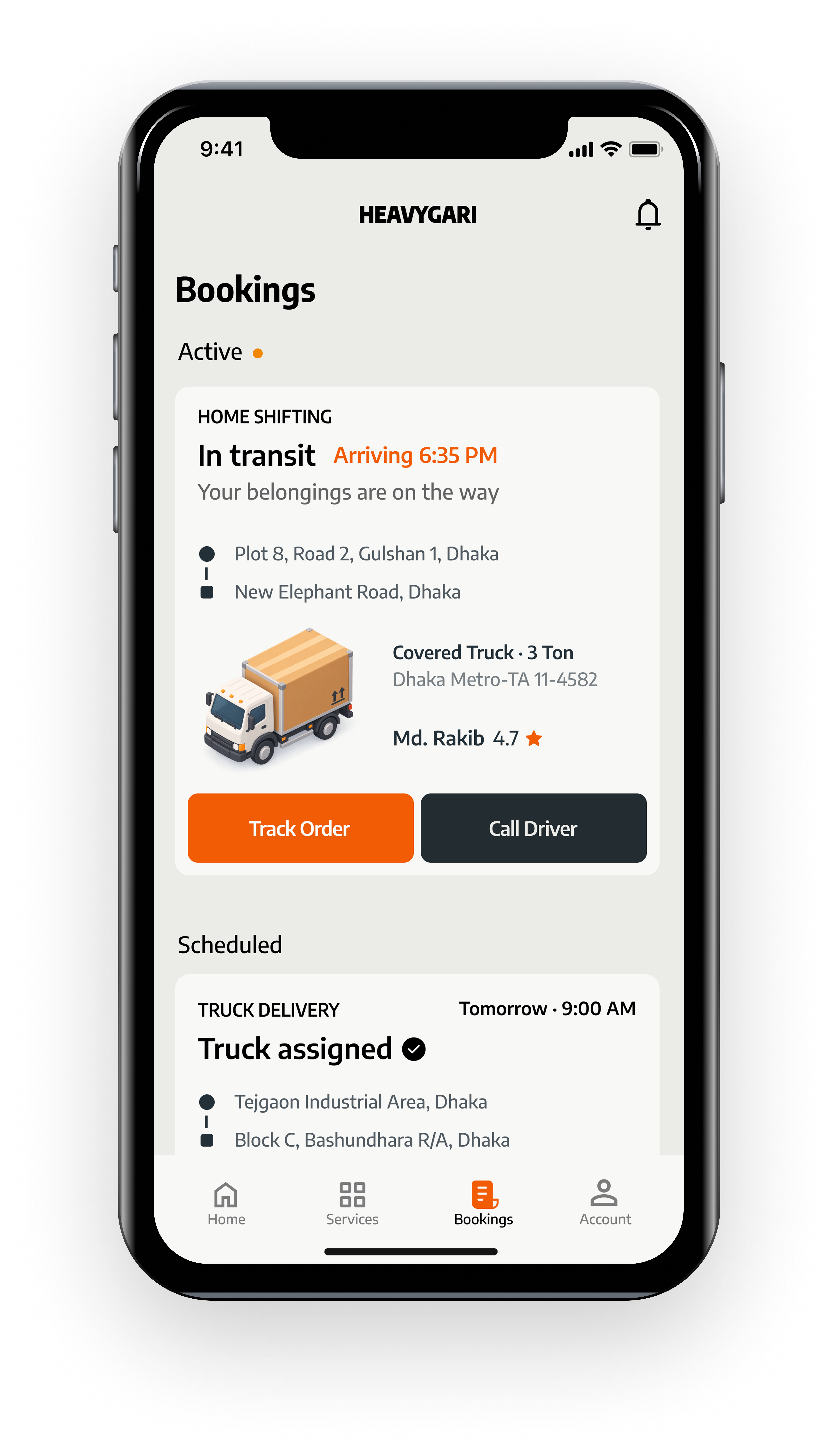 HeavyGari order and booking management screen